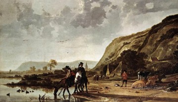 馬 Painting - 騎手のいる大きな川の風景 田園風景画家 アルバート・カイプ